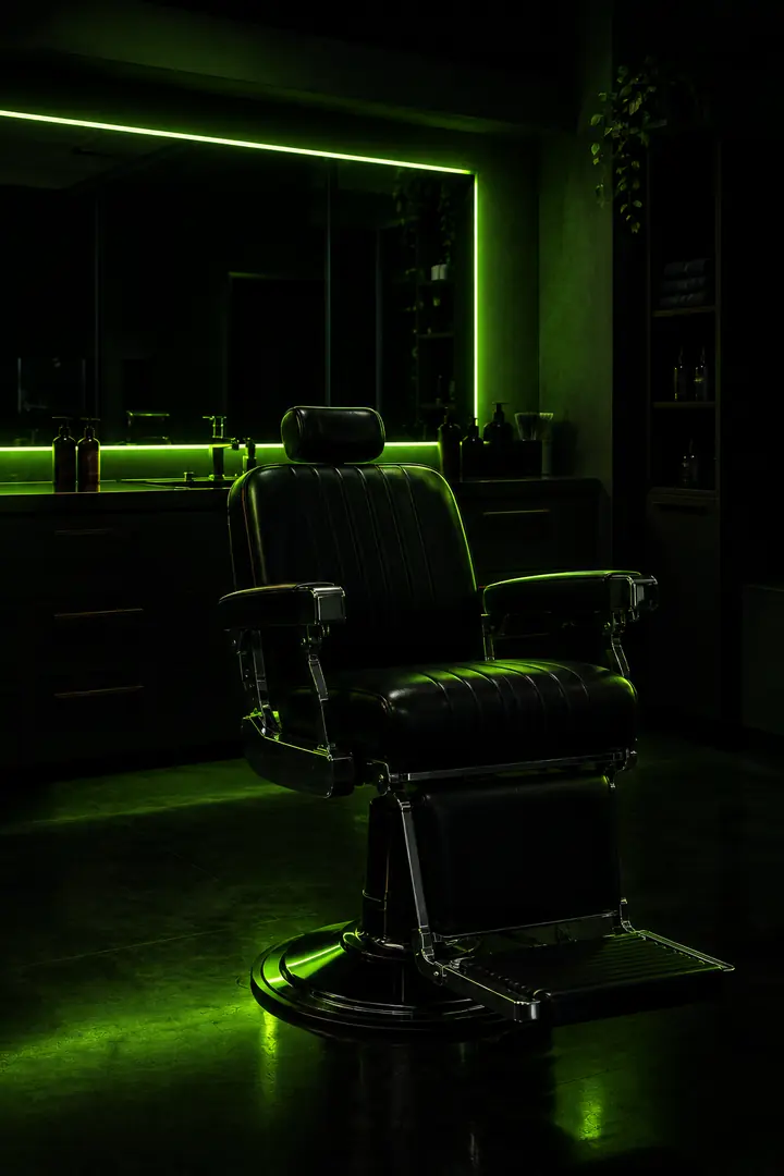 Uma barbearia vazia, à noite, com uma cadeira de barbeiro de couro preto diante de um espelho contornado por luz verde.