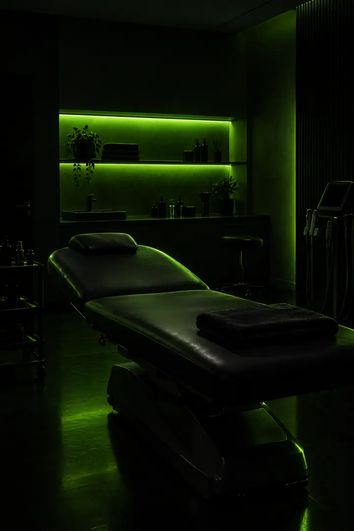 Uma sala de clínica de estética vazia, à noite, com uma maca e uma toalha dobrada em cima, e prateleiras com luz verde ao fundo.