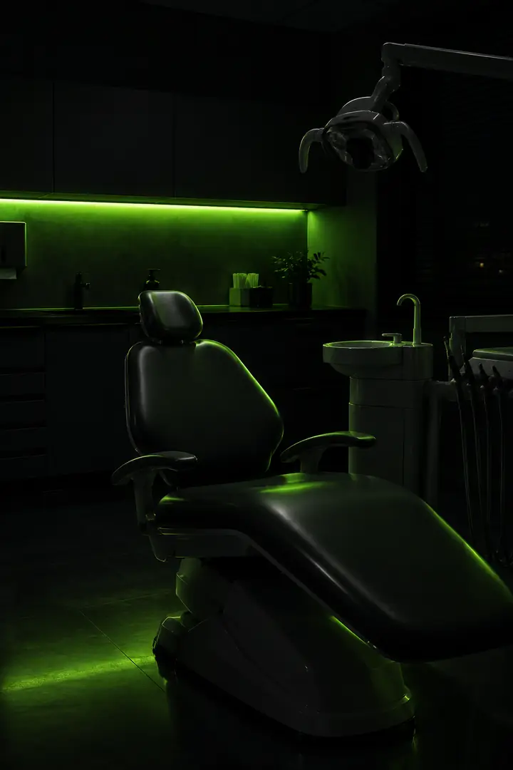 Um consultório odontológico vazio, à noite, com a cadeira do dentista em primeiro plano e uma fita de luz verde sobre a bancada ao fundo.