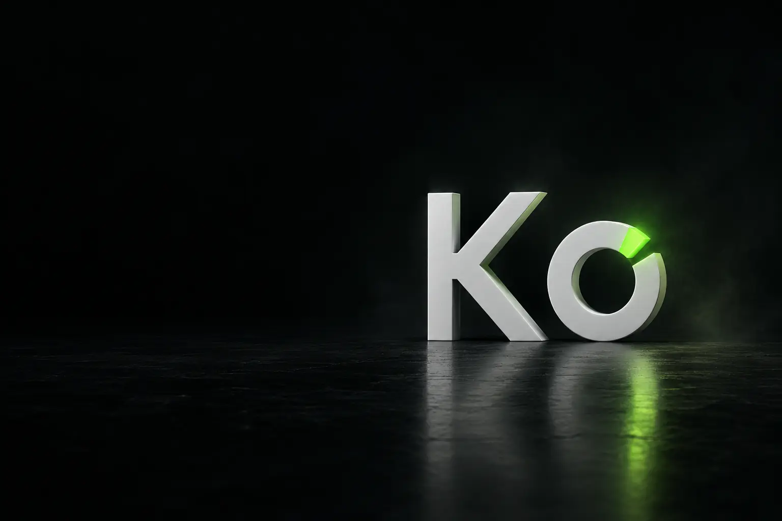 O símbolo da Kohta em peças brancas, a letra K e o anel com um trecho verde aceso, sobre um piso escuro que reflete a luz verde.